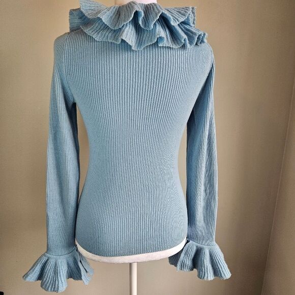 Yarns by Mododoc Pastel Blue Ruffle Wool Top Womens Medium Bell Sleeve Y2K Fairy - Picture 4 of 11